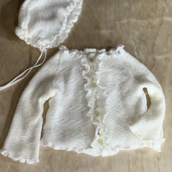 Vintage Baby Girl Knit Outfits Lot – Sweater Pants Set + Cardigan Bonnet Ivory - Picture 4 of 10